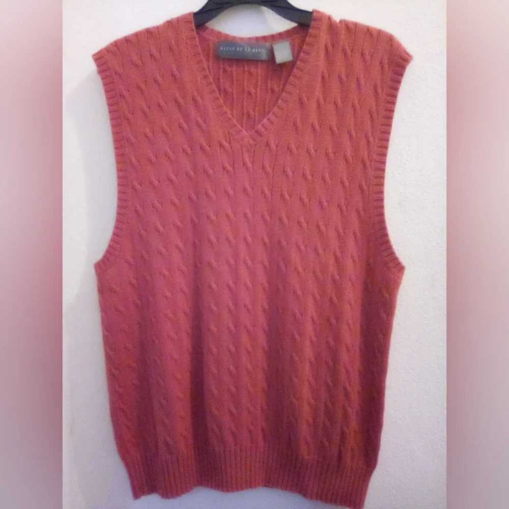 Oscar de la Renta 100% Cotton V-Neck Cable Knit Sweater Size L Old Money